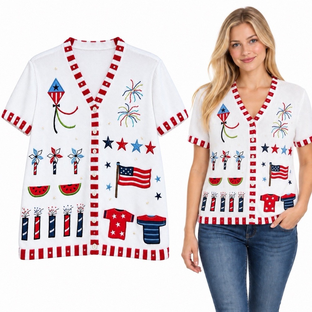 Quacker Factory Cardigan M Patriotic 4th Of July America Flag USA Embroidered